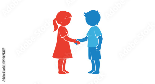Illustration of a boy and girl shaking hands.