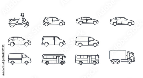 Various Vehicles Illustrated in Black and White.
