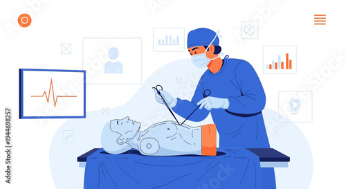 Surgeon performing robotic surgery on patient, advanced medical technology concept