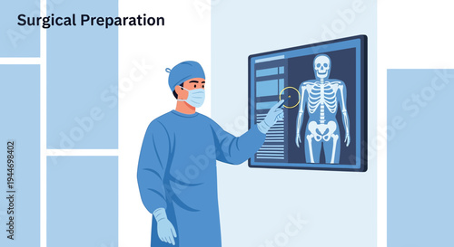 Surgeon Prepares for Operation, Examines X-ray of Skeleton on Screen
