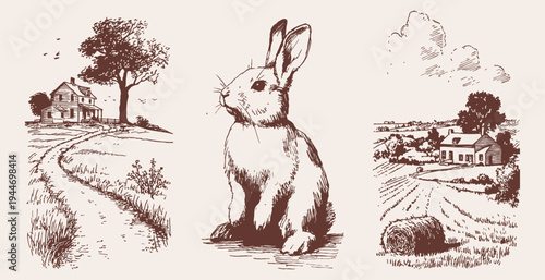 Countryside house rabbit and farmland rustic life set. Rural homes, winding paths and farm animal views. Image for editorial layouts or packaging. Classic hand drawn pencil sketch crayon style.