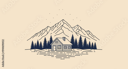 Cottage House Illustration with Mountains and Trees.