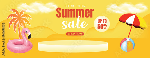 summer tropical sale banner and summer background for social media cover header and website banner Special offer ad with 3d podium, flamingo pool float, ball, umbrella,  summer elements illustration