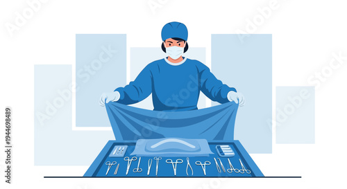 Surgeon Preparing for Operation with Surgical Instruments and Drapes