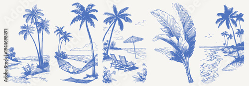Relax beach hammock vintage hand drawn crayon sketch. Line drawing set with sunbeds, umbrella, palms and tropical foliage. Retro summer resort vacation illustration pack.