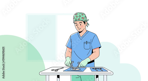 Surgeon preparing for surgery, sterile medical instruments on a table, healthcare concept