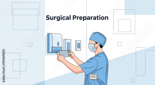 Surgeon Preparing for Surgery, Washing Hands with Sanitizer in Hospital