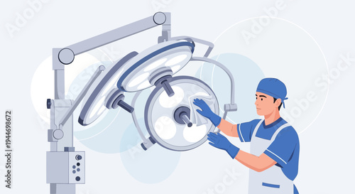 Surgeon Preparing Operating Room Lights for Surgical Operation, Sterilization Concept