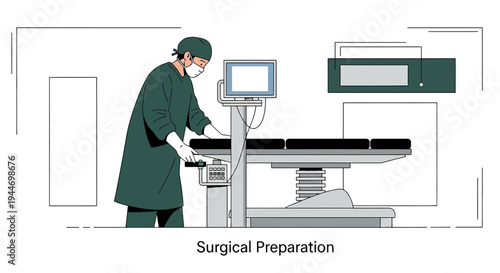 Surgeon Preparing Operating Room with Medical Equipment and Monitor