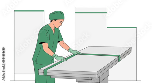 Surgeon Preparing Operating Table with Green Drapes for Surgery