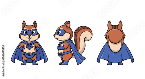 Cute Superhero Squirrel Character Sheet - Front, Side, and Back Views Vector Illustration