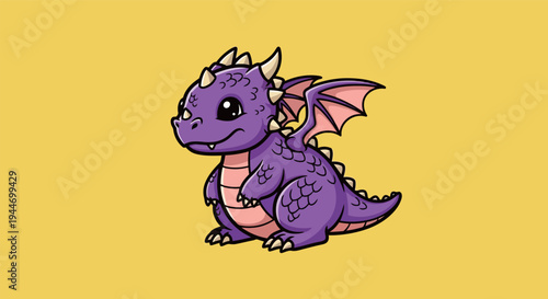 Cute Purple Baby Dragon Cartoon Illustration - Adorable Mythical Creature Mascot on Yellow Background