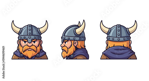Viking Warrior Character Design Sheet - Front, Side, and Back Views Vector Illustration