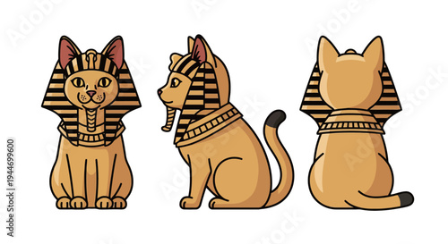 Egyptian Pharaoh Cat Vector Illustration - Front, Side, and Back Views