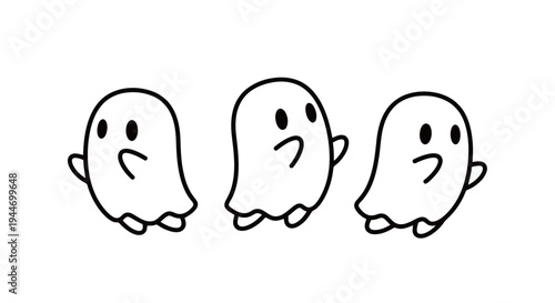 Three Cute Minimalist Ghost Characters Line Art Illustration