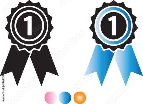 Two first place ribbons with black and blue colors