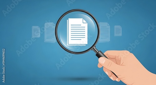 A hand holding a magnifying glass over a document on a blue background with blurred text