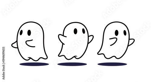 Three Cute Cartoon Ghosts Floating Illustration - Minimalist Halloween Vector Art