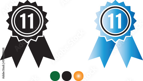 Two ribbons with number 11 in black and blue badge