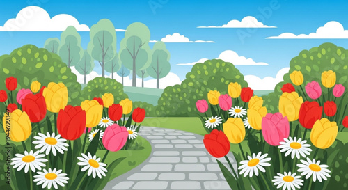 Vibrant garden scene with colorful tulips and daisies on either side of a winding stone path on transparent background