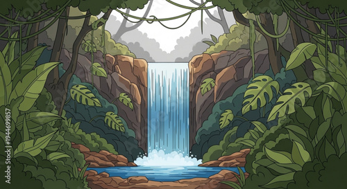Tropical jungle waterfall scene with lush greenery and rocky cliffside on transparent background