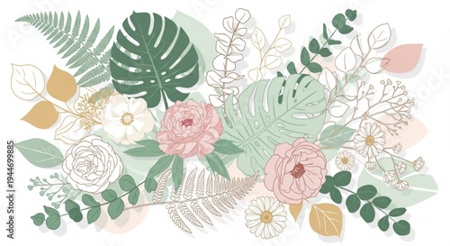 Vibrant floral arrangement with pink roses green leaves and white flowers on transparent background