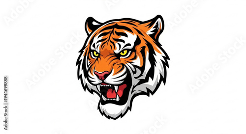 Fierce tiger head with open mouth and sharp teeth on transparent background