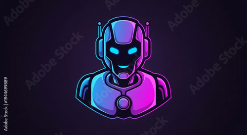 Neon robot wearing headphones with glowing blue eyes on transparent background