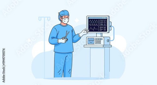 Surgeon in surgical attire with medical equipment and vital signs monitor