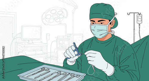 Surgeon in Surgical Gear Prepares for Operation with Instruments in Operating Room