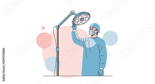 Surgeon in surgical gown adjusting operating room light, medical procedure concept