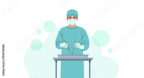 Surgeon in surgical gown and mask preparing for operation with medical instruments