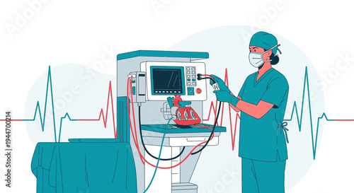 Surgeon Operating Heart Machine with Medical Equipment and Heart Model