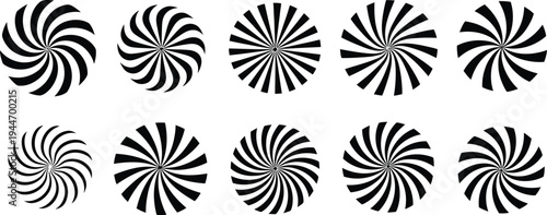 Dynamic collection of clean black and white radial patterns, perfect for statistical illustrations and abstract graphic design, creating a hypnotic and swirling visual effect