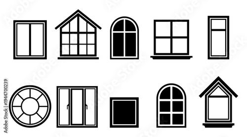 A collection of different window styles and house architectural elements in black and white, featuring various shapes and designs for commercial or residential use.