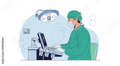 Surgeon Operating Robotic System in Modern Operating Room with Medical Technology
