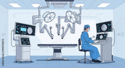 Surgeon Operating Robotic System in Modern Operating Room with Advanced Medical Technology