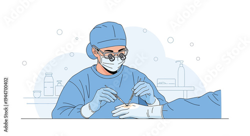 Surgeon performing delicate procedure with magnification glasses, sterile operating room