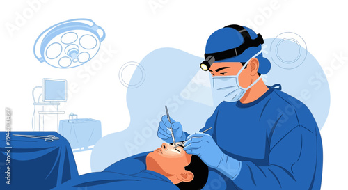 Surgeon performing eye surgery in modern operating room with advanced medical equipment