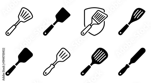 A set of eight kitchen utensils including various spatulas and scrapers in black and white illustrations, arranged on a clean white background, ideal for cooking and recipe illustrations.