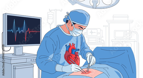 Surgeon Performing Heart Surgery with ECG Monitor Displaying Vital Signs