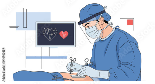 Surgeon Performing Heart Surgery with Medical Monitor Displaying ECG and Heartbeat