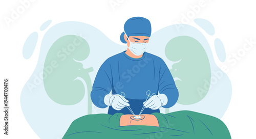 Surgeon Performing Kidney Transplant Operation in Operating Room, Medical Procedure