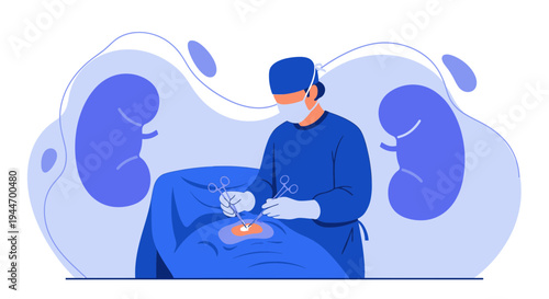 Surgeon Performing Kidney Surgery with Medical Instruments and Kidney Graphics