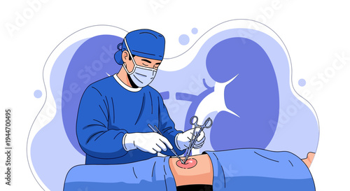 Surgeon Performing Kidney Surgery with Medical Team and Surgical Instruments