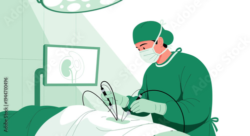 Surgeon Performing Laparoscopic Kidney Surgery with Monitor Displaying Medical Scan