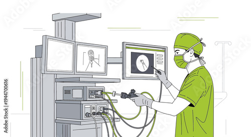 Surgeon Performing Laparoscopic Surgery with Advanced Medical Equipment and Monitors