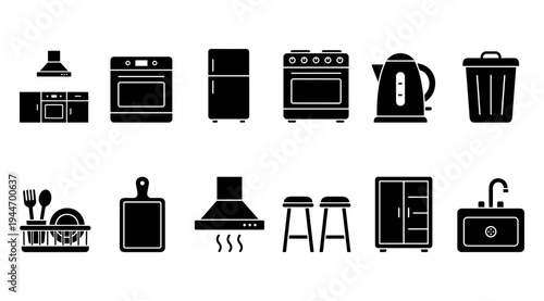 A collection of black kitchen icons on a white background, featuring various appliances and utensils, ideal for use in design projects, websites, or applications related to cooking, kitchen, and home.