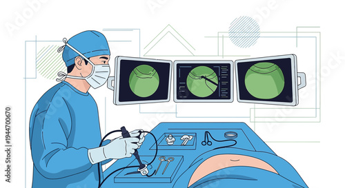 Surgeon Performing Laparoscopic Surgery with Advanced Medical Monitors