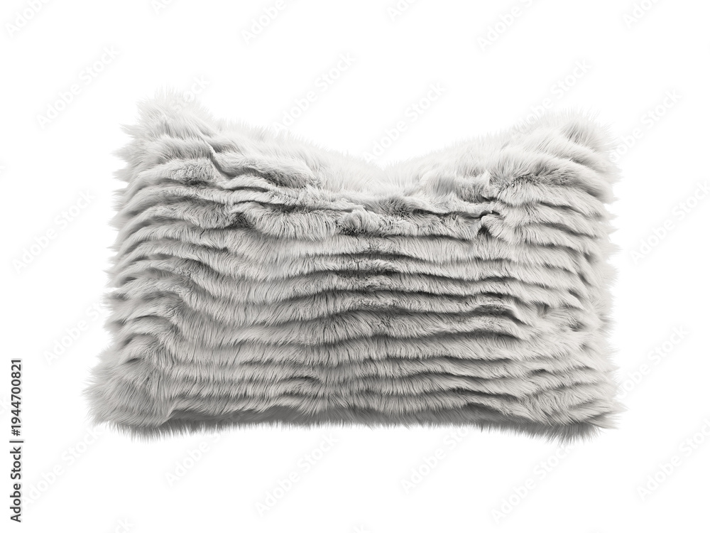 Fototapeta premium White shaggy faux fur pillow isolated PNG, square fluffy decorative cushion with wavy layered fur texture, cozy home decor element